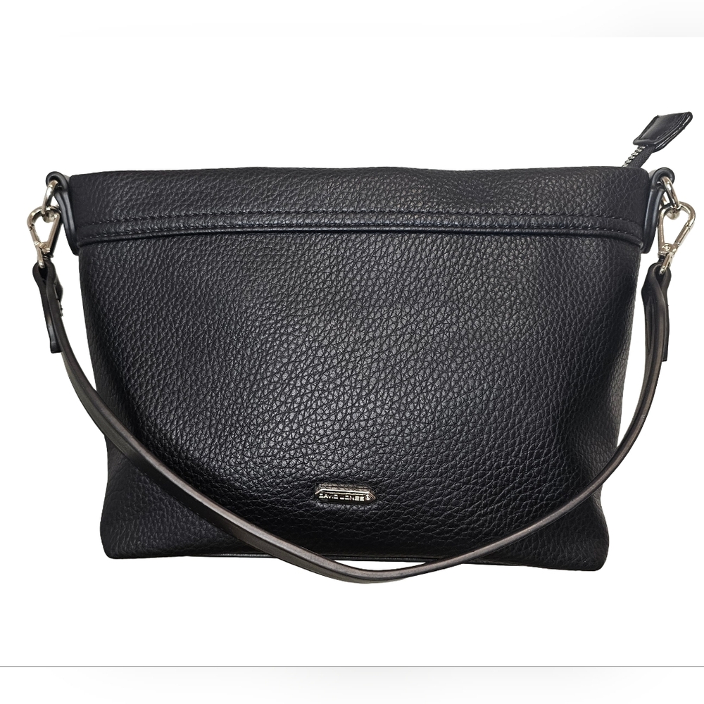 [David Jones Paris] Black Pebbled Vegan Leather Shoulder Bag / Removable Strap